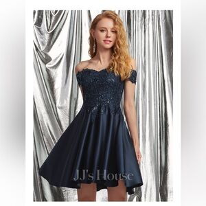 NWT, Navy A-line Off the Shoulder Short Satin Formal Dress